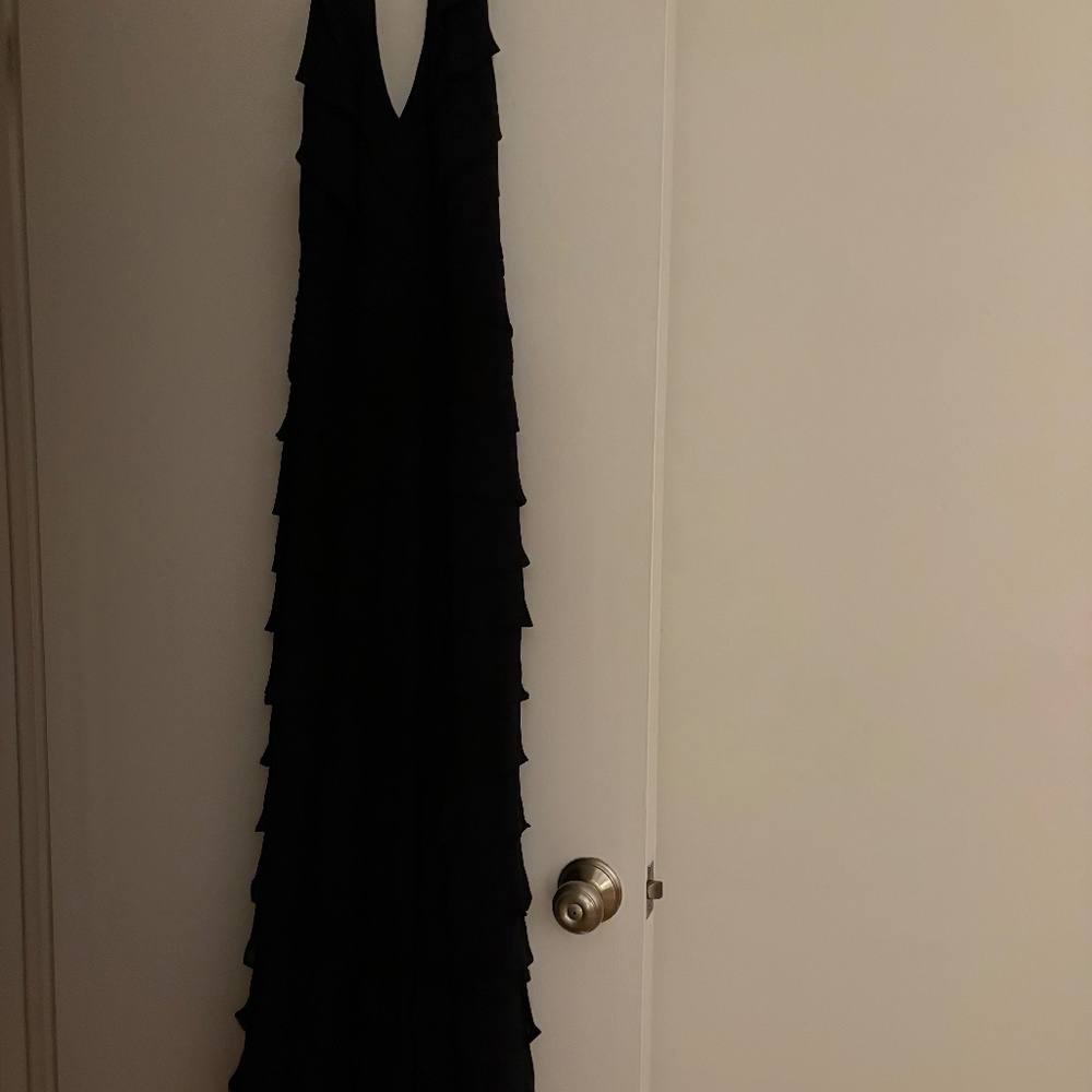 Tadashi black halter back pleated evening dress